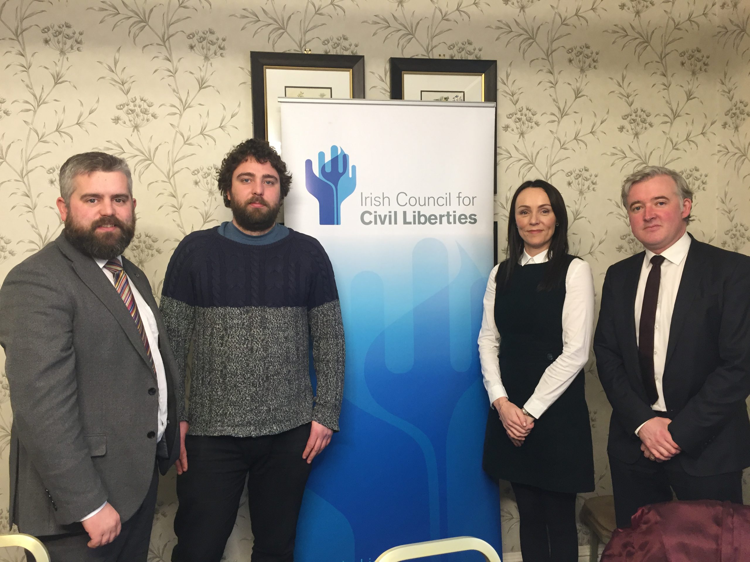 Peter Kavanagh (Green Party), Eoghan O Ceannabhain (PBP), Tara Deacy (SocDems) and Liam Herrick (ICCL) at a press conference to announce GE2020 parties' commitments to human rights.